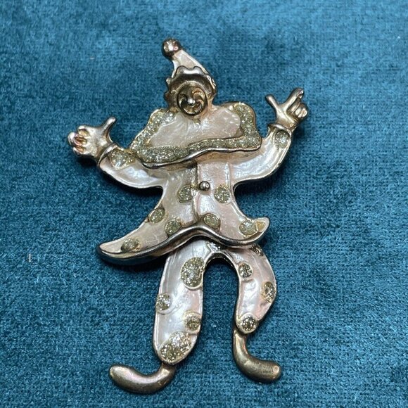 Estate Jewelry - Vintage Jester Clown Dangling Legs Brooch Pin Enamel Unsigned 2.25" Articulated